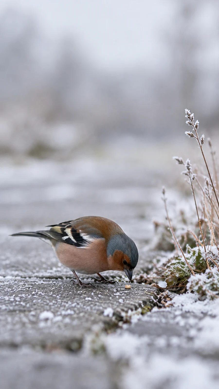 A male chaffinch lowers its head toward a small seed on a frost-dusted stone pavement beside snow-crusted weeds, with a softly blurred pale background.