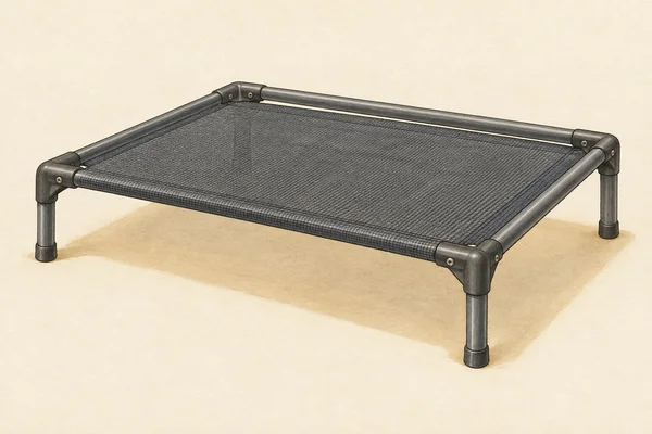 An elevated three-quarter natural-history illustration of a charcoal mesh pet cot with a dark tubular frame, corner connectors, three visible legs and an ochre…