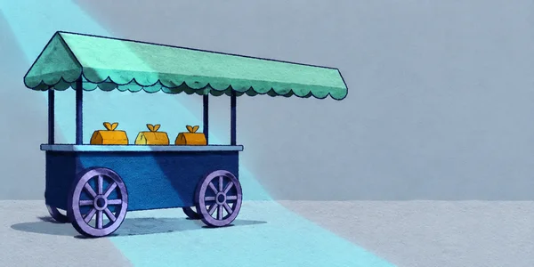 A navy street-food cart with two large lavender spoked wheels and a long mint scalloped canopy sits on pale grey ground.