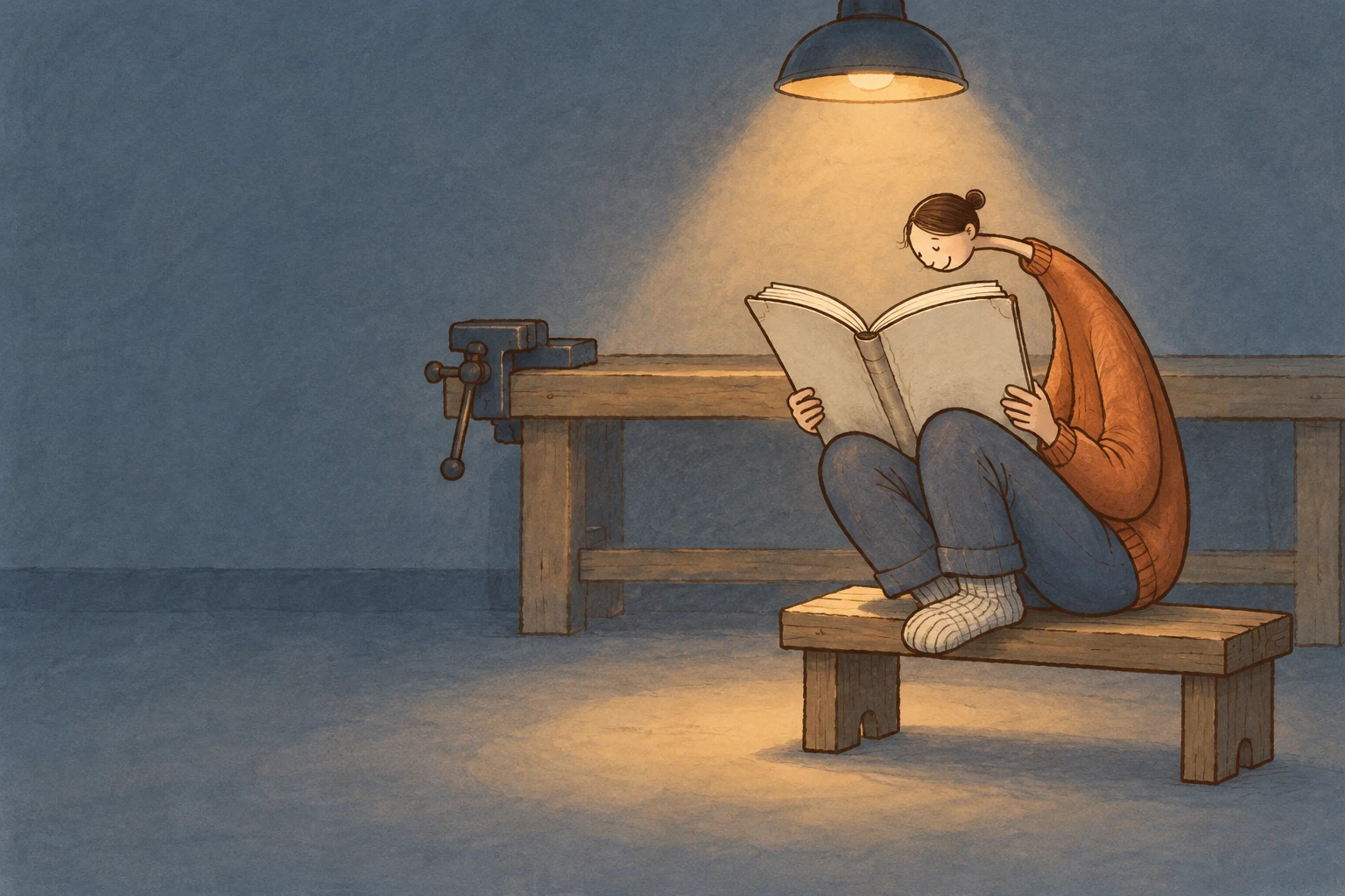 A small, contented reader sits curled on a low wooden bench, holding an oversized open book beneath a warm hanging lamp.
