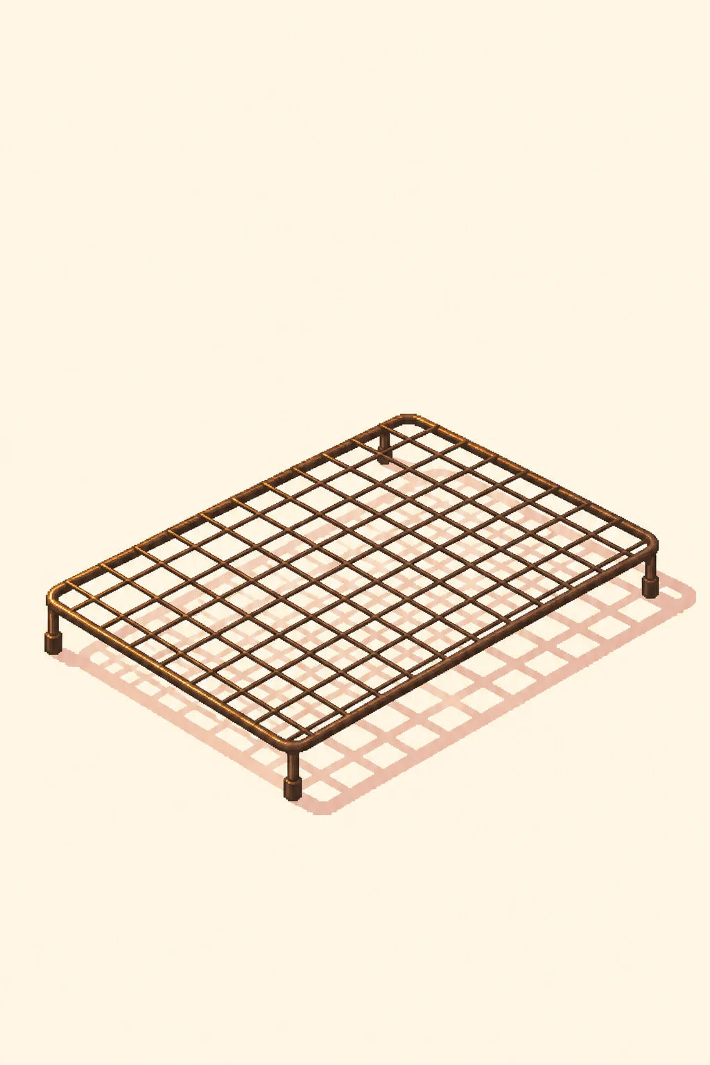A dark wire cooling rack with a regular square lattice sits diagonally on a warm ivory ground, casting a muted rose grid shadow toward the lower right.