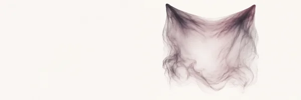 A translucent plum-grey, smoke-like veil with raised upper corners and uneven wisps hangs right of centre against a pale background, leaving broad empty space…