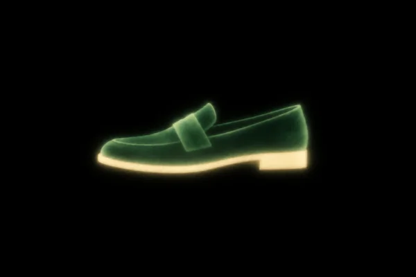 A softly glowing side-profile loafer shape is projected in deep green and cream against a wide matte-black field, with the rounded toe facing left and a short…