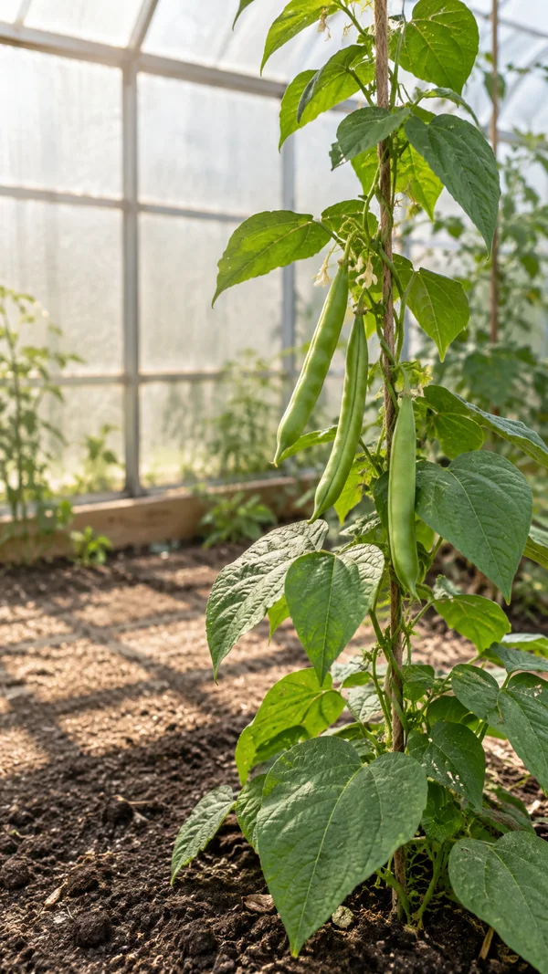 A climbing bean plant with three long green pods grows beside a twine support in a sunlit greenhouse, with dark soil below and softly blurred glazing behind it.