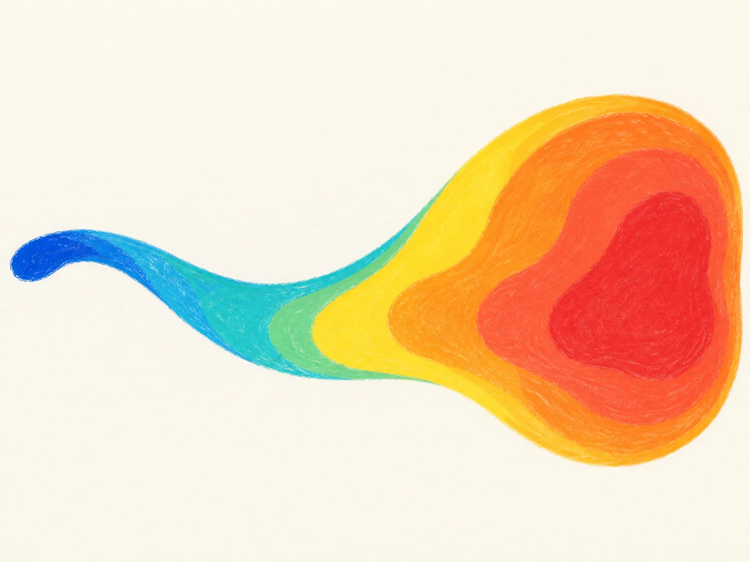 A textured, hand-drawn ribbon sweeps across warm ivory paper, widening from a blue tip through turquoise and yellow to a large coral-red end with nested…