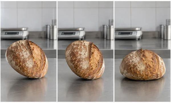A three-panel horizontal sequence shows a crusty round loaf on a stainless-steel bench in a tiled laboratory setting: it is tilted in the first two panels and…