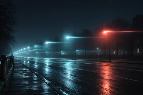 An empty wet boulevard recedes into dense blue fog beneath cyan streetlights, with long horizontal light trails and a bright red-orange streak near the right…