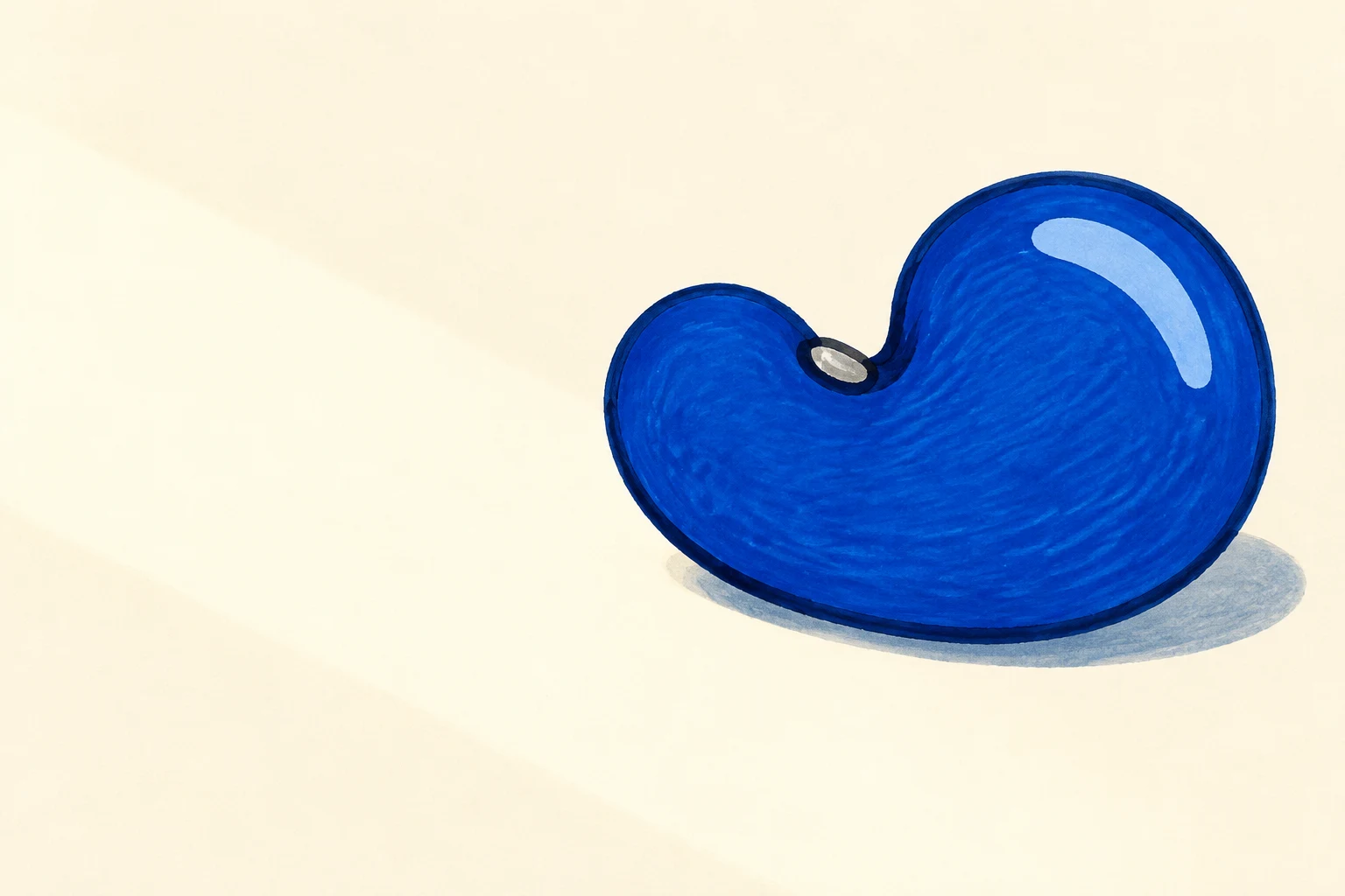 A large cobalt-blue kidney bean with a dark irregular outline, pale-blue highlight, and small grey seed scar rests on a warm ivory surface, casting a short…