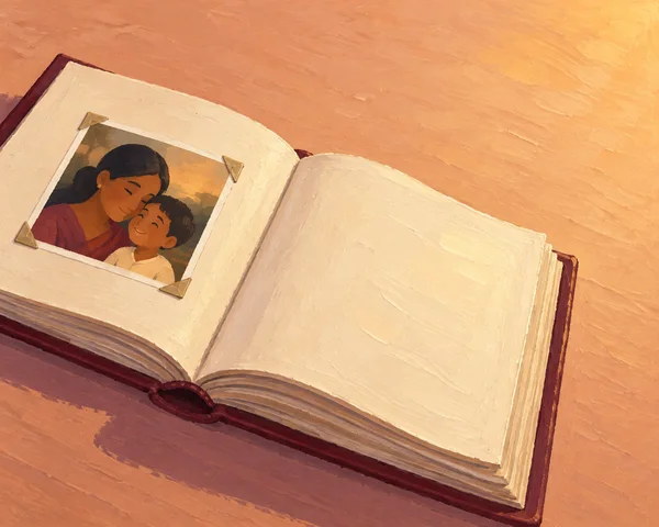 An open burgundy family album lies diagonally on a peach tabletop, with a single mounted illustration of a parent leaning close to a child on the left page and…