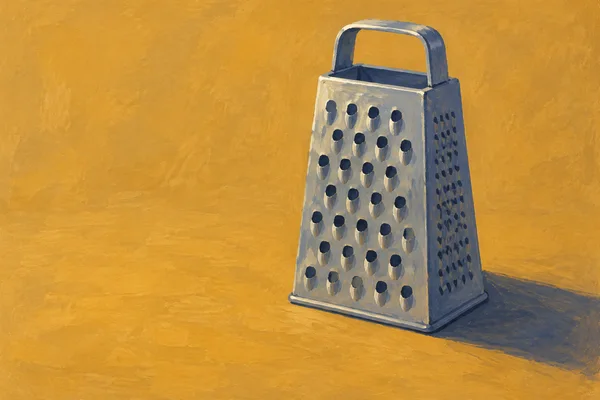 A blue-gray box grater with a broad perforated face and arched handle stands on an ochre surface against a matching ochre background, casting a long indigo…