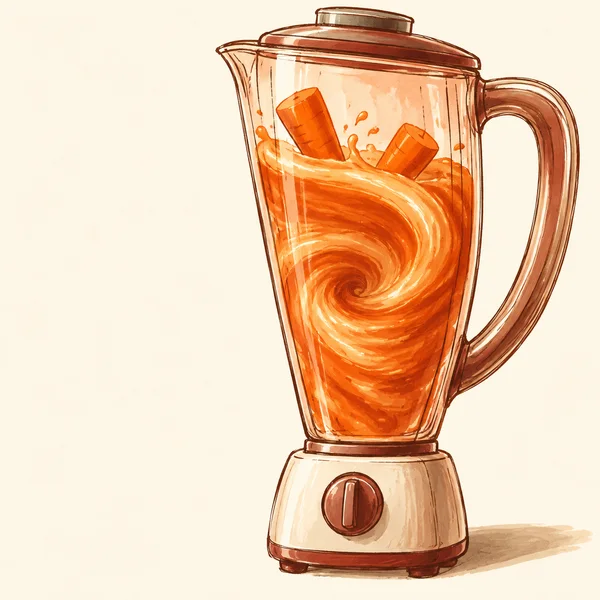 A hand-drawn countertop blender with a tall transparent jug, large curved handle, closed lid and compact motor base contains swirling orange carrot juice with…