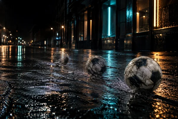 Three positions of a scuffed black-and-white football appear across the foreground of a rain-soaked city street, with cyan and amber lights reflecting in the…