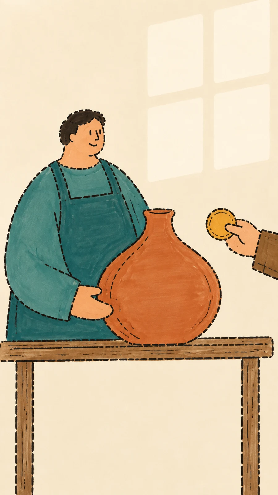 A short-haired seller in teal stands behind a wooden counter, presenting a large terracotta vase as a cropped customer’s hand offers a gold coin from the right.