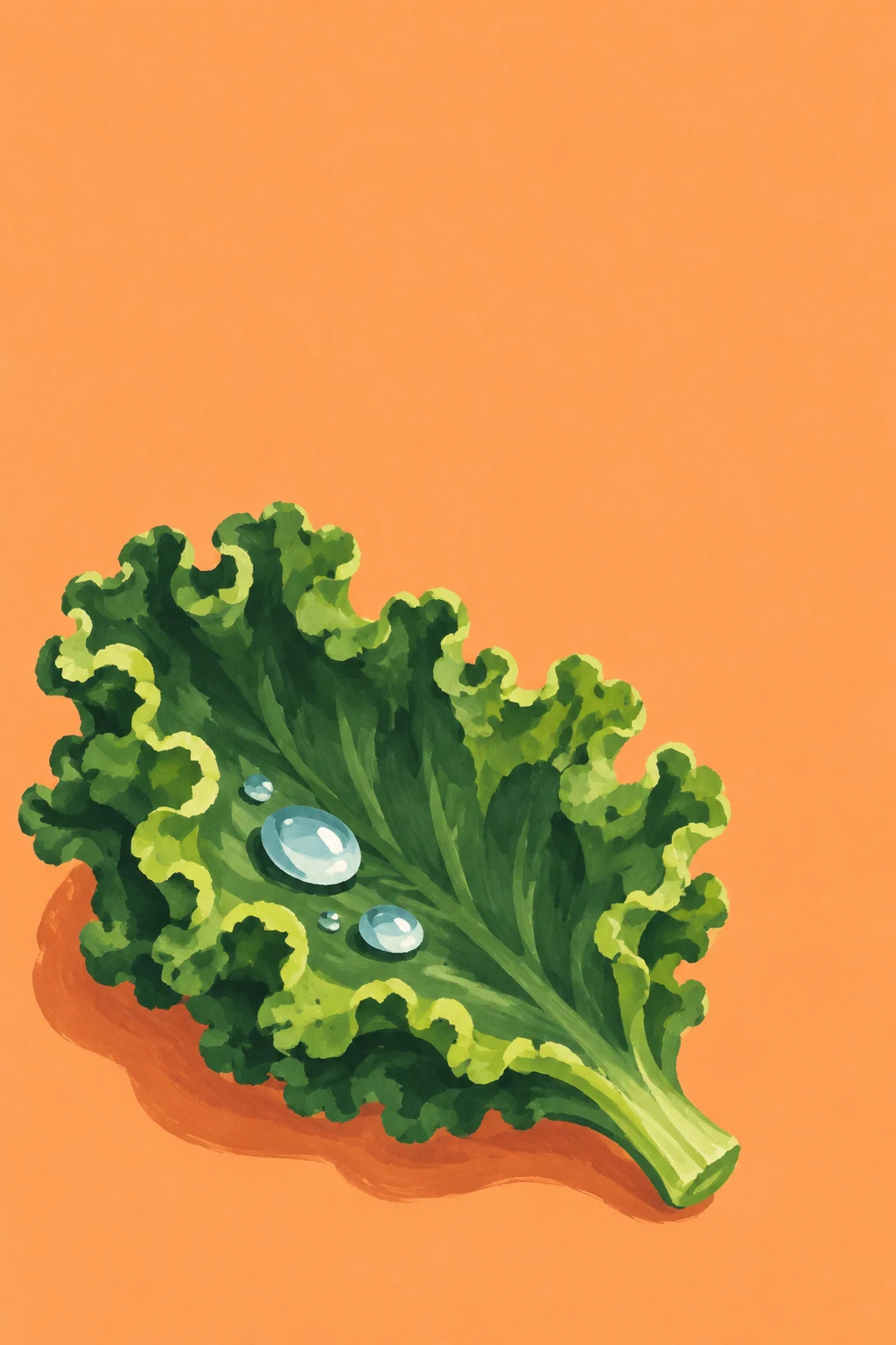 An overhead illustration of a broad, ruffled green kale leaf with a thick stalk pointing toward the lower right, four pale-blue water droplets inside it, and a…