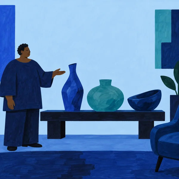 A Black collector in a navy outfit presents three blue and aqua ceramic vessels on a low console in a pale blue lobby; a cropped lounge chair, potted plant and…