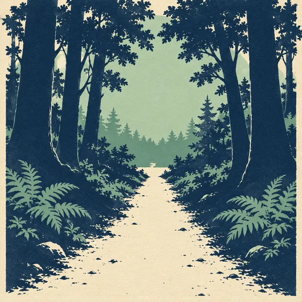 A cream dirt trail narrows through a dense woodland framed by deep navy tree trunks and canopy, opening onto a pale seafoam clearing.