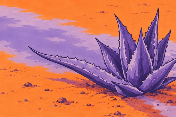 A large violet aloe with pointed, toothed leaves grows from orange ground; one long leaf extends left across a broad lavender shadow band, with scattered small…