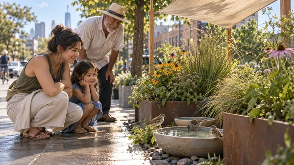 Neighbors gather beside a shaded sidewalk garden as sparrows drink from shallow water dishes and a bee hovers near the flowers.
