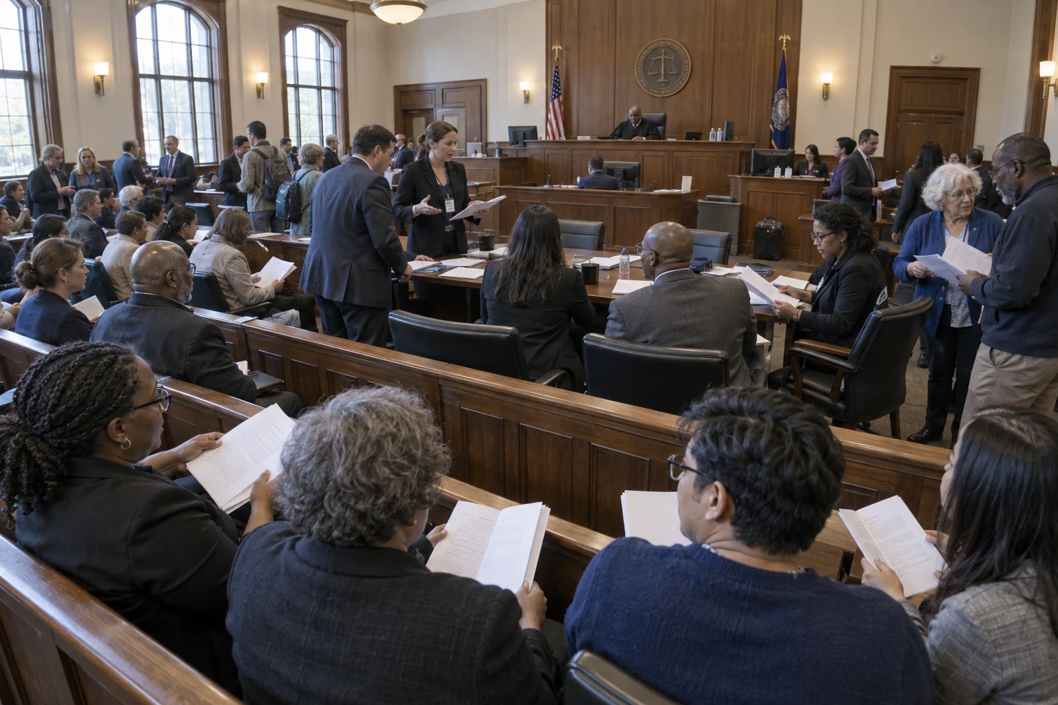 A crowded courtroom information session, with people seated and standing around wooden rails and tables, reading and comparing papers.