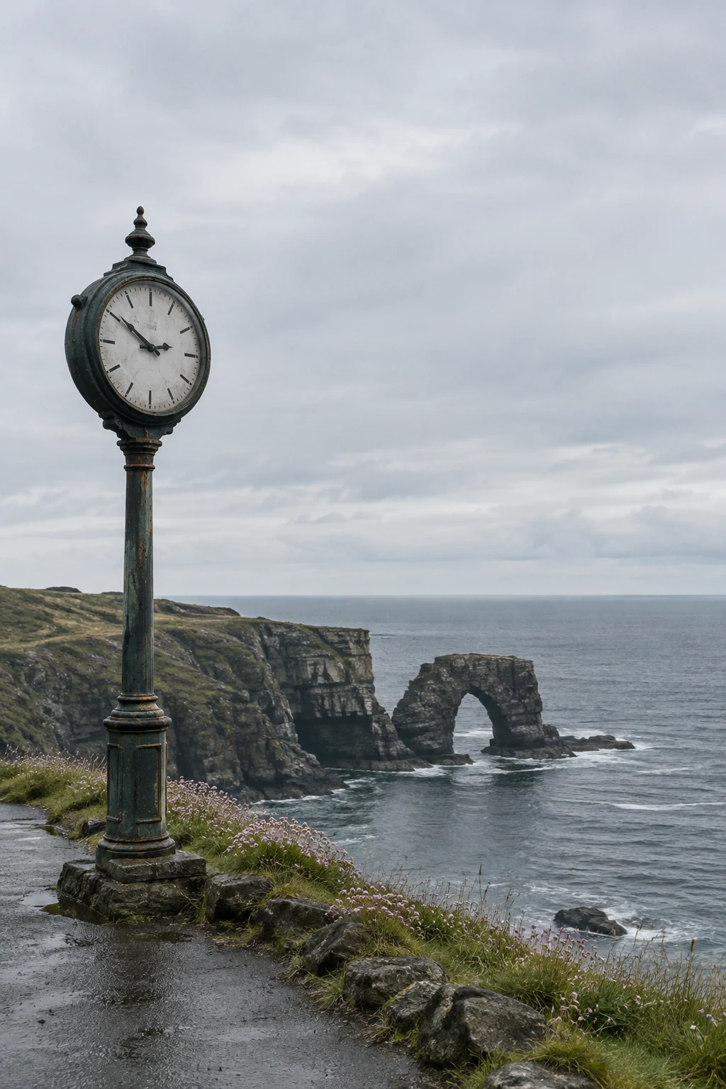 A weathered cast-iron street clock stands beside a damp clifftop path edged with rocks and sea thrift.