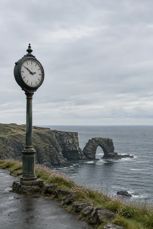 A weathered cast-iron street clock stands beside a damp clifftop path edged with rocks and sea thrift.