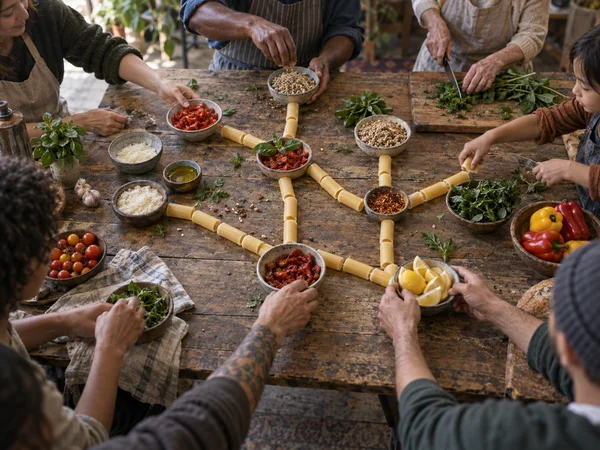 A group prepares food around a worn wooden table, with bowls of ingredients and tubular pasta arranged in branching paths across the center.