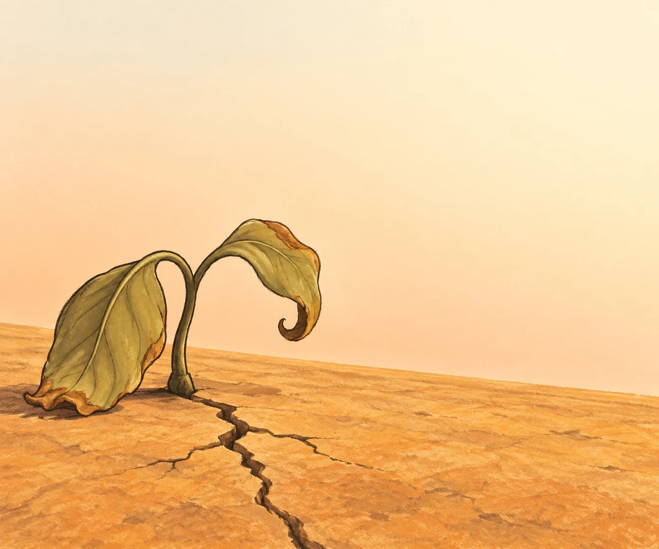 A small wilted plant with two oversized olive-brown leaves grows from cracked ochre ground beneath a broad cream-to-apricot sky.