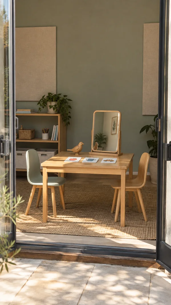 A quiet room with sage walls is seen through open glazed doors, with a small oak table, a wooden bird, an upright mirror, three picture cards, and two chairs.