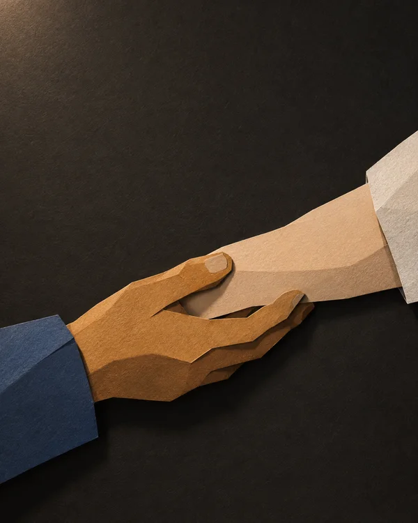 A geometric paper collage shows an ochre hand supporting a pale forearm from the left, with a cobalt sleeve and light cuff against a charcoal background.