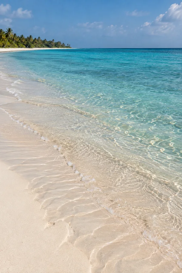 A low oblique view along a pale sandy tropical beach, with shallow clear turquoise water in the foreground and a broad blue lagoon extending toward the horizon.