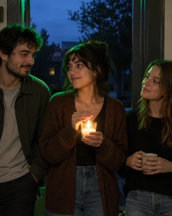 Three friends stand close together in a doorway at dusk; the central woman holds a lit glass candle while the others look toward her, and the woman on the…