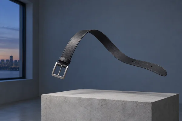 A charcoal leather belt with a silver rectangular buckle floats in a broad upward curve above a pale concrete plinth, against a slate-blue wall beside a window…