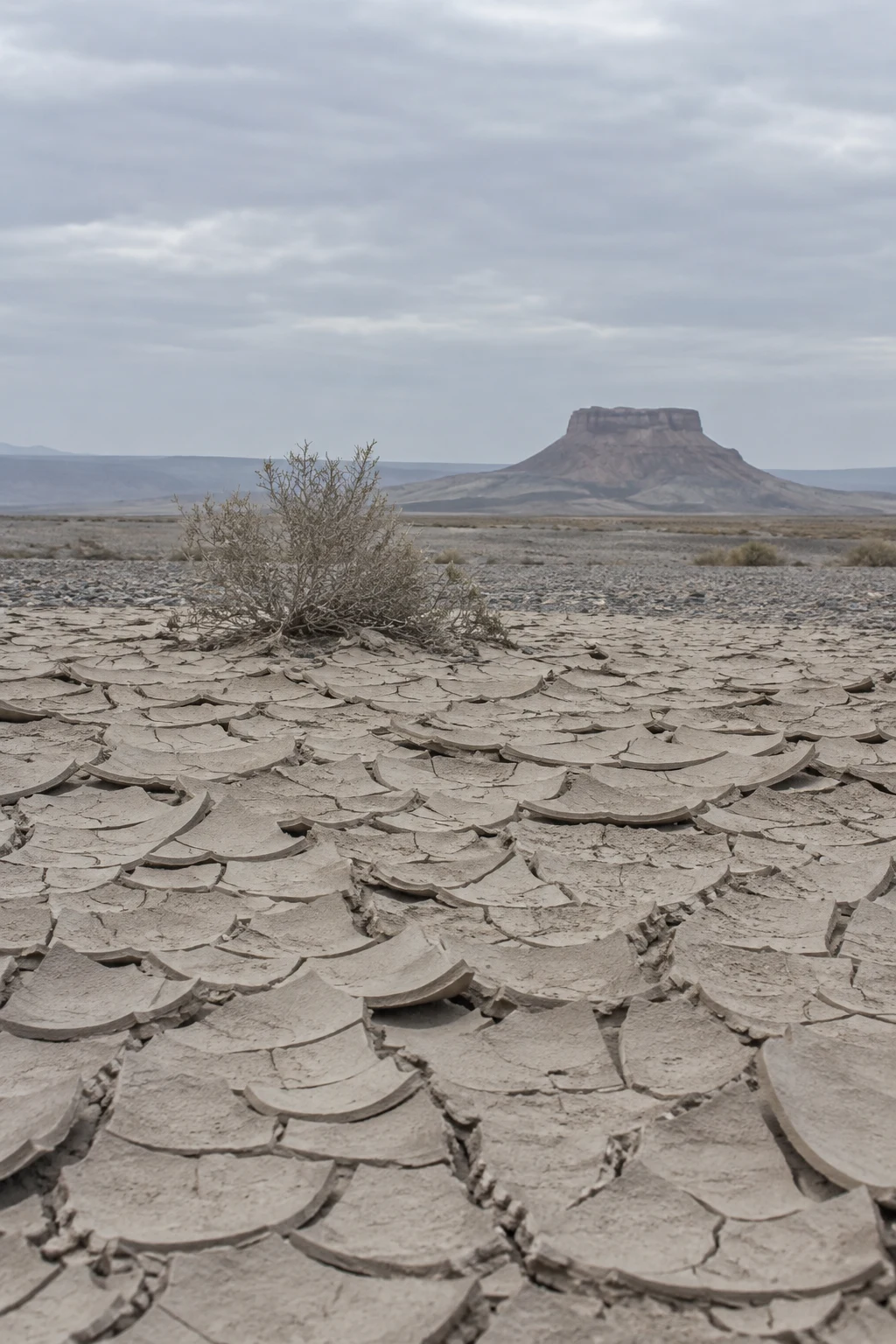 A brittle shrub stands on a cracked clay desert wash, with a gravel plain and a distant flat-topped butte beneath a cloudy pale sky.