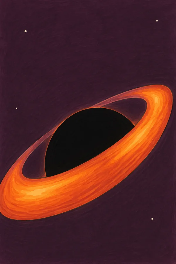 A large solid black oval sits inside a broad, tilted orange ring with a thinner muted-rose arc behind it, against a dusky plum background with four small cream…
