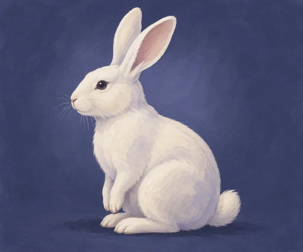 A seated ivory rabbit faces left against a textured dusky indigo background, with upright rose-lined ears, a round tail, and a soft shadow beneath it.