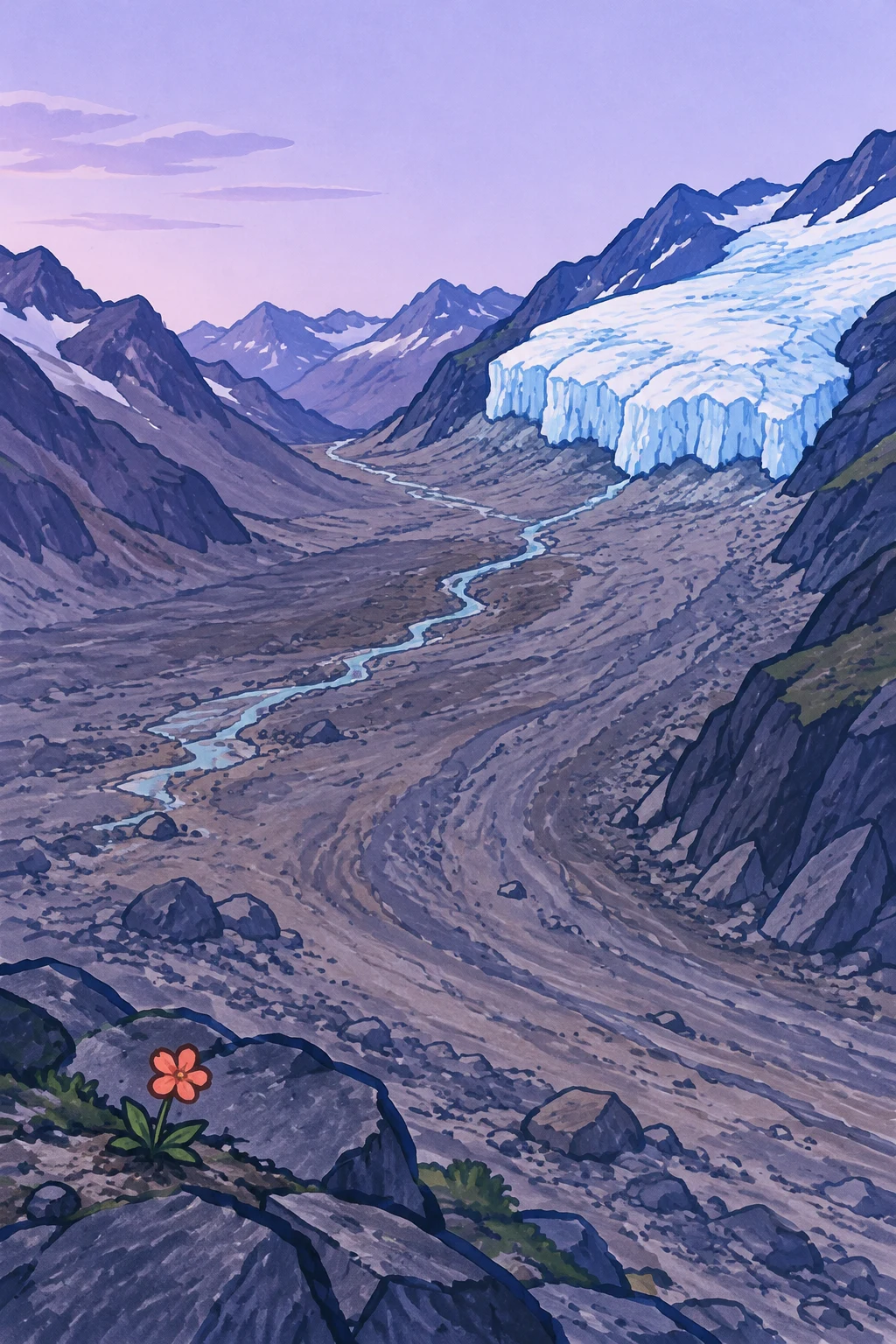 A blue-white glacier ends above an exposed purple-gray valley, with a thin turquoise stream winding toward the foreground and a small coral flower among dark…
