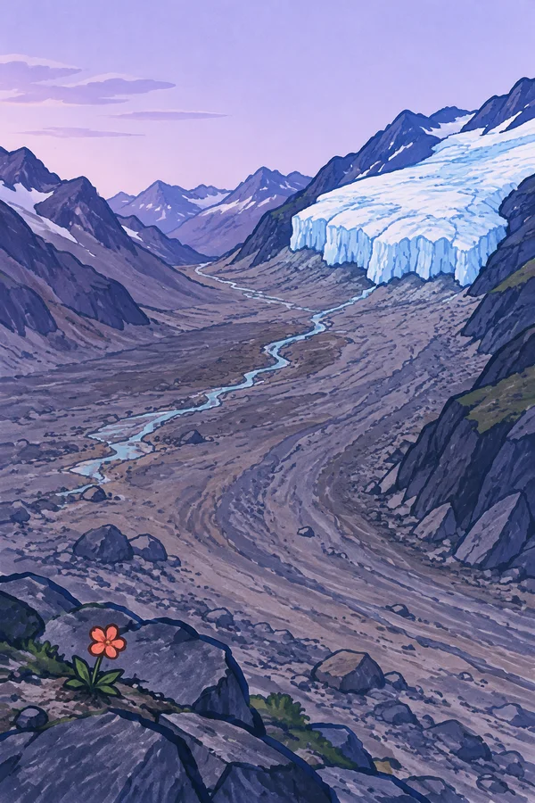 A blue-white glacier ends above an exposed purple-gray valley, with a thin turquoise stream winding toward the foreground and a small coral flower among dark…