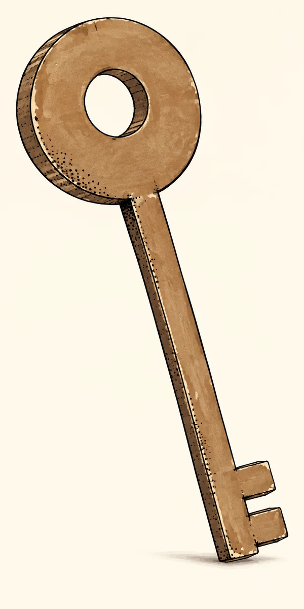 A sepia-brown illustrated cardboard key stands at a diagonal on a warm ivory background, with a large circular bow, a long narrow shaft, two square-ended teeth…