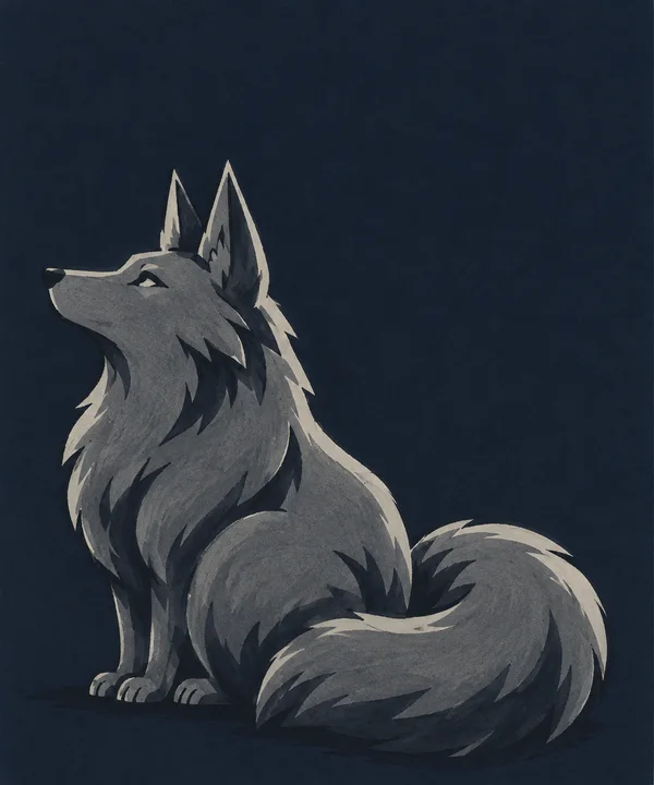 A large slate-grey wolf sits in left-facing profile against a dark blue background, with tall pointed ears, a slightly raised muzzle, visible paws and a huge…