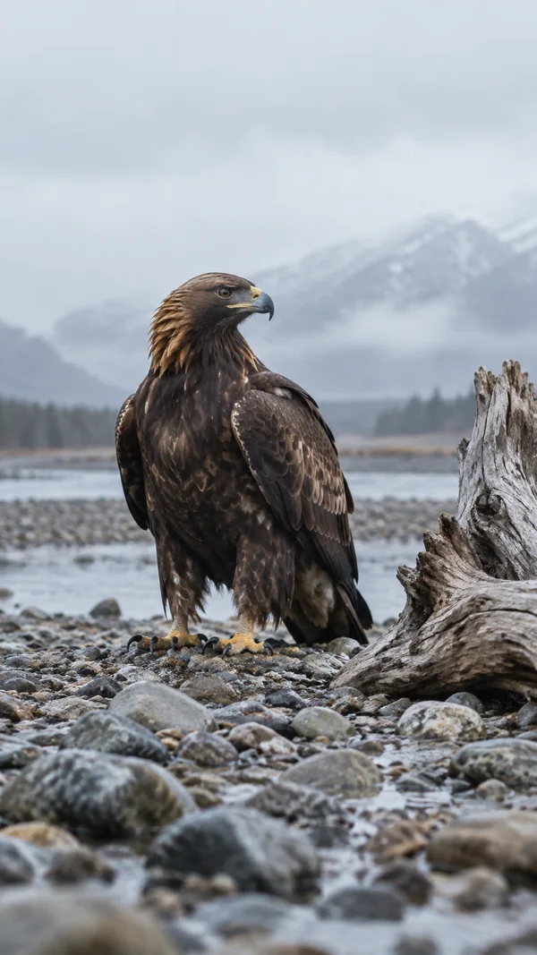 A brown eagle with a golden nape stands on a stony riverbank beside a weathered driftwood stump, with a blurred river and misty hills behind it.