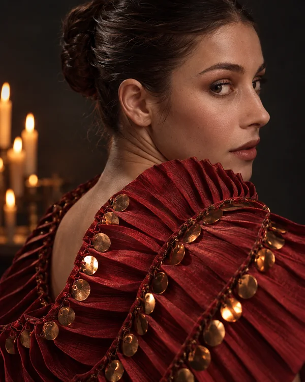 A woman with dark hair in a bun looks back over her shoulder, wearing a deep crimson pleated costume collar decorated with round copper-colored discs; several…