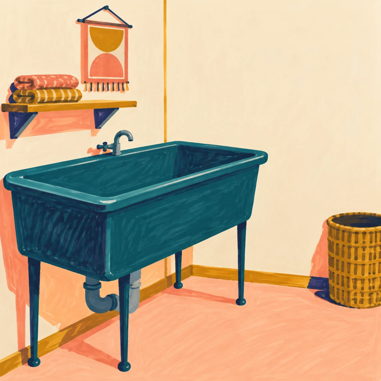 A large deep teal utility sink with a curved faucet and exposed drainpipe fills the foreground of a cream-and-peach corner room.