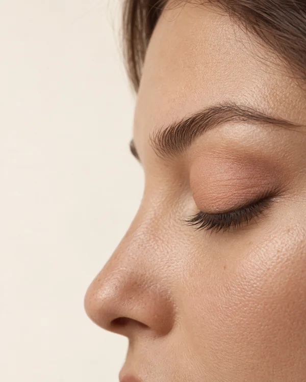 Close side-profile beauty portrait showing one closed eye with muted peach eyeshadow, dark natural-looking lashes, a groomed eyebrow and visible skin texture…