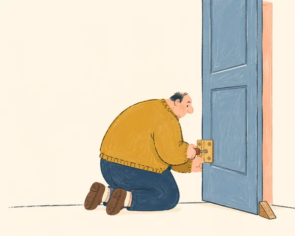 A broad figure in an ochre sweater kneels beside a tall blue door, working at a large brass hinge with a screwdriver; a wooden wedge props the door open.