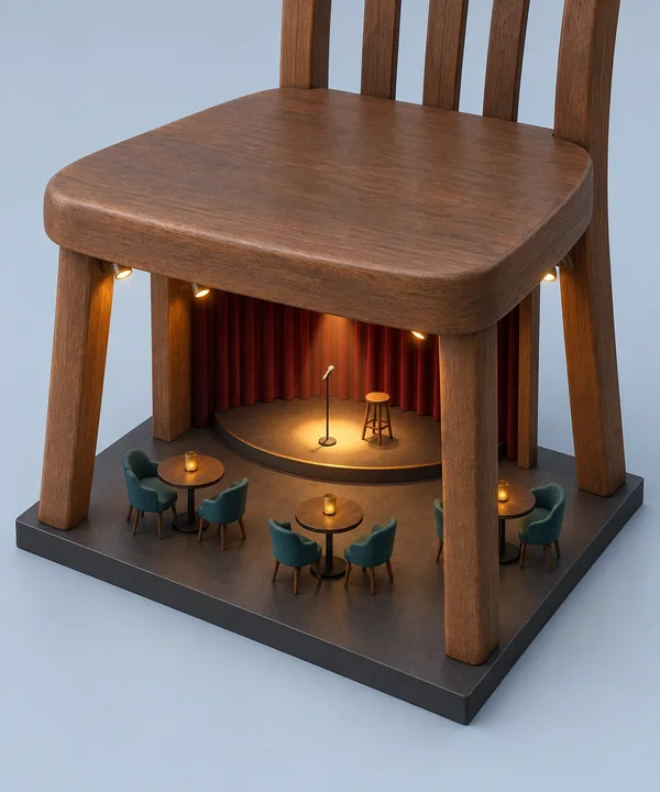 A stylized miniature comedy club sits beneath a large walnut chair, with a burgundy-curtained semicircular stage, microphone stand, stool, and three small…