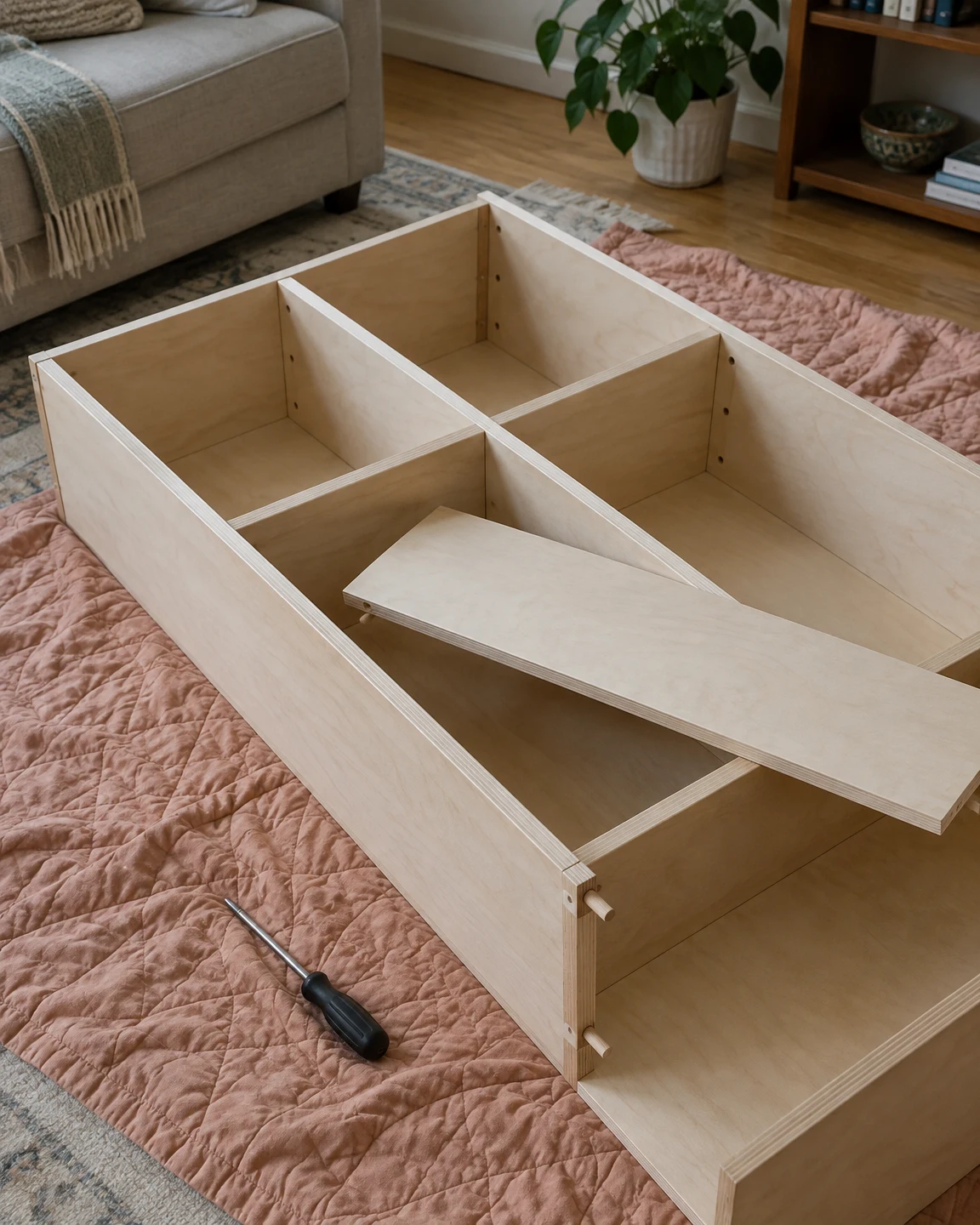 A pale plywood bookcase lies on its back across a faded peach quilt, with a loose shelf resting diagonally over an open compartment and a screwdriver beside…