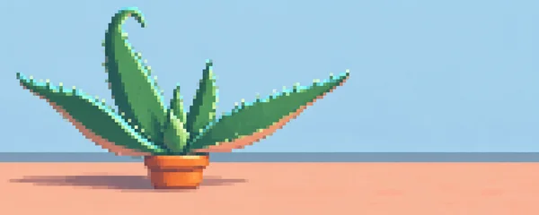 A large green aloe with a tall hooked leaf and long spreading blades grows from a small orange terracotta pot on a peach floor against a pale-blue wall.