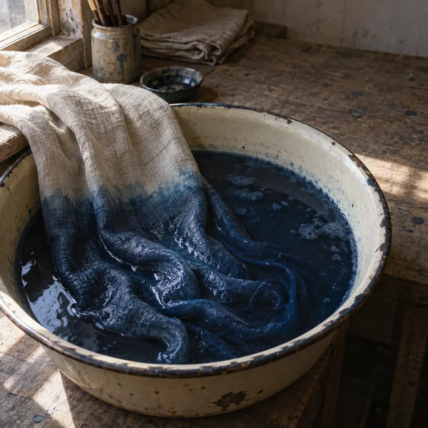 A length of pale linen, darkened to indigo where it is immersed, drapes over a worn cream enamel basin on a wooden workbench, lit by a window at the left.