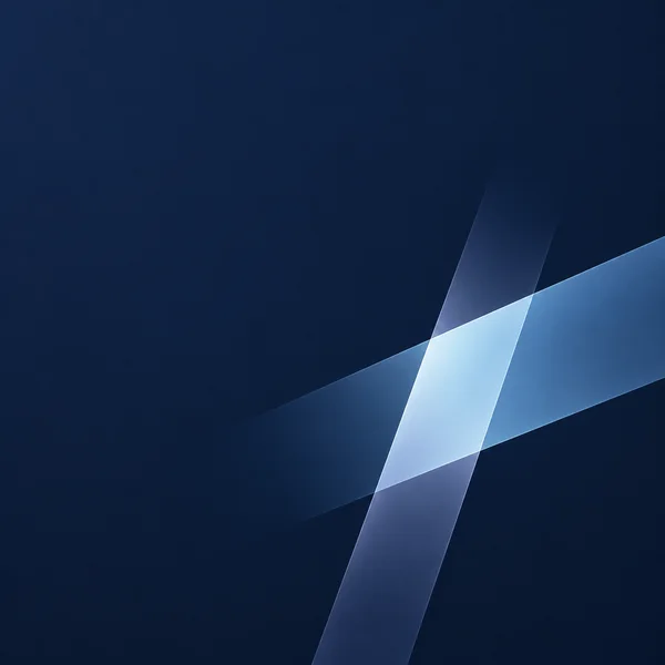 Two translucent blue and periwinkle rectangular planes cross over a deep navy background, creating a bright pale-blue intersection in the lower-right area; the…