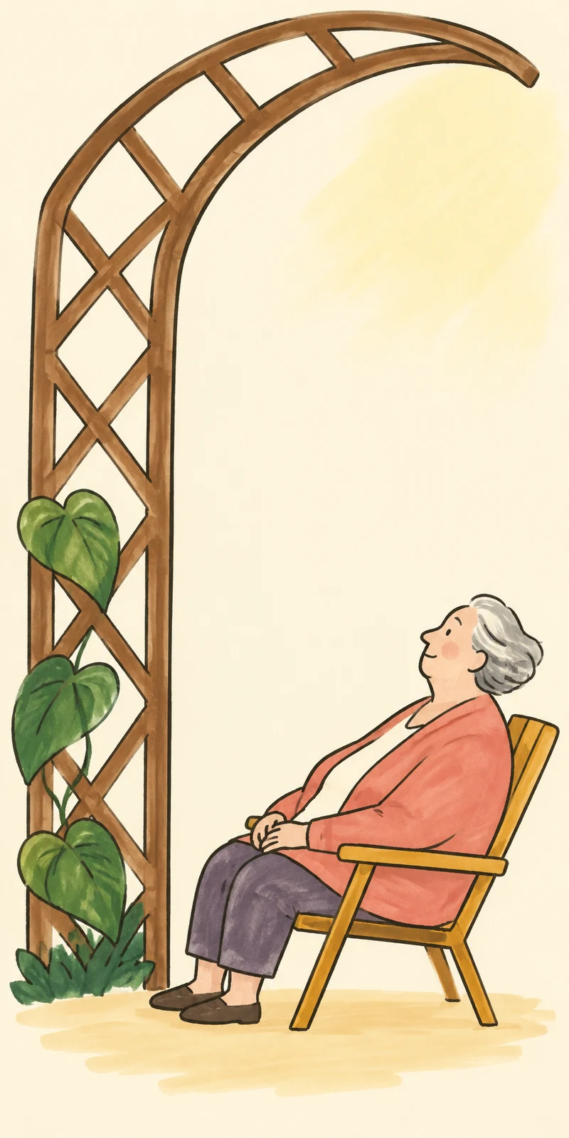 A grey-haired older person in a coral cardigan sits in profile in an ochre wooden chair, looking upward beside a tall curved wooden lattice arbor with green…